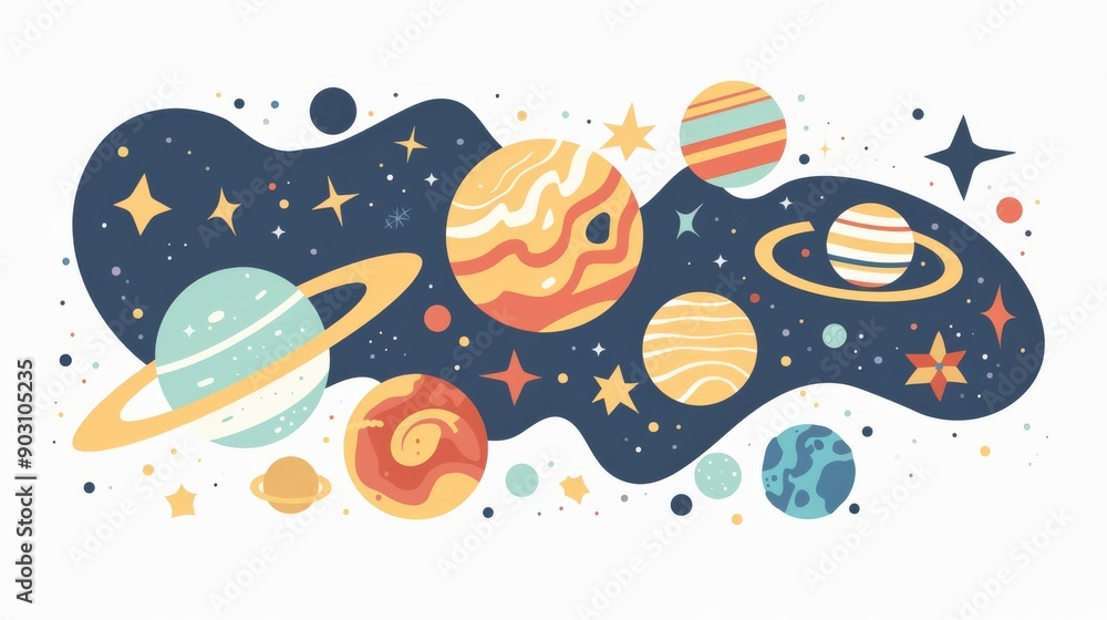 Naklejka premium Light year concept, educational space elements, flat design illustration, expansive, isolated on white background