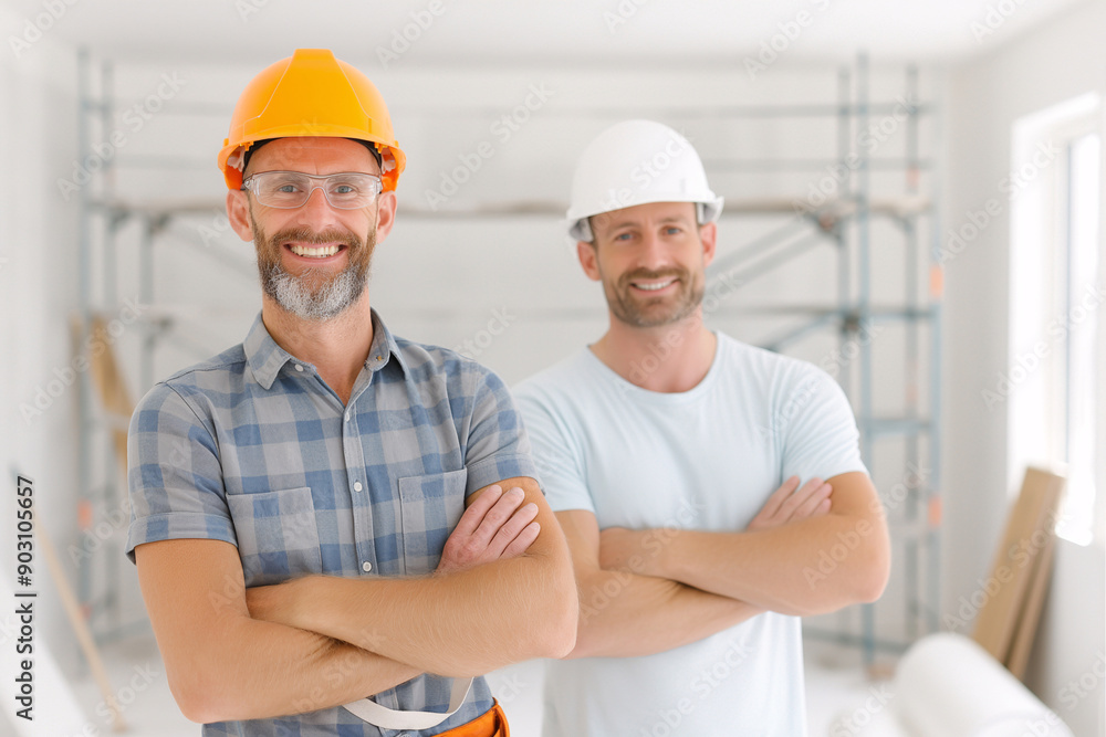 Smiling construction workers with hard hats in building site