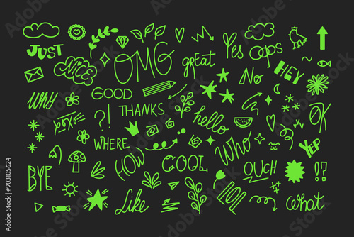 Chat words and doodles collection. Small hand drawn elements. Slang words, lettering of modern short phrases. Vector illustration set design