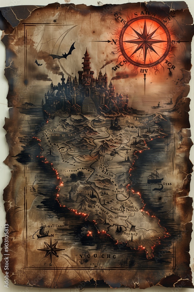 Ancient Treasure Map Depicting Enchanted Island With Castle and ...