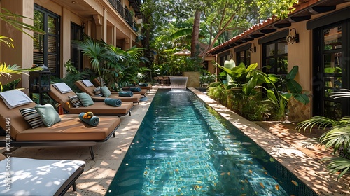 A serene photograph of a boutique hotel pool area, featuring stylish loungers, personalized touches such as fresh towels and fruit-infused water, and lush greenery surrounding the pool, capturing the 