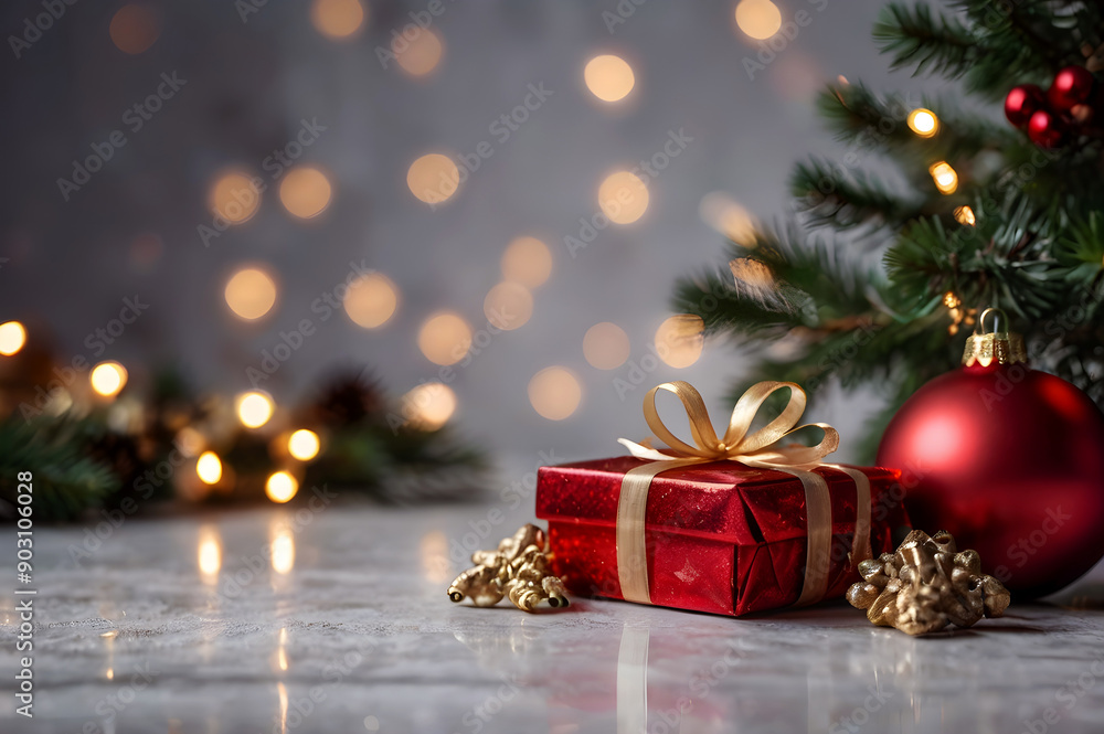 Christmas gift box, present with baubles, fir tree branches on the table, festive, magic winter holidays, new year background, garland lights bokeh, greeting postcard with copy space.
Christmas gift box, present with baubles, fir tree branches on the table, festive, magic winter holidays, new year background, garland lights bokeh, greeting postcard with copy space.