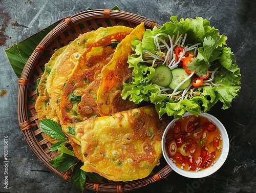 Banh Xeo. The most popular Vietnamese dishes. Crispy rice flour pancakes filled with shrimp, pork, bean sprouts, and herbs, typically wrapped in lettuce and dipped in fish sauce.