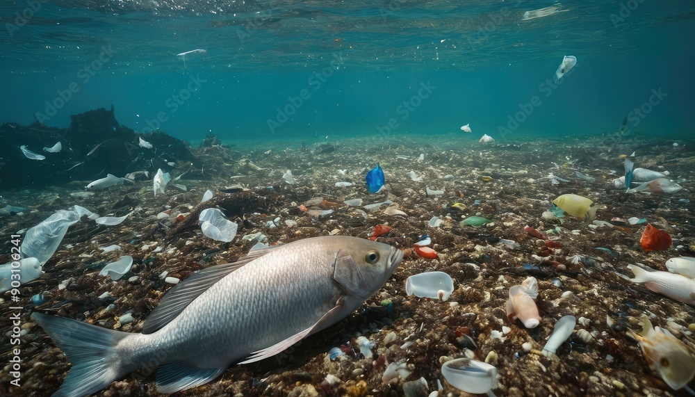 Fototapeta premium A snapshot of marine life, with a fish navigating through plastic litter and trash on the seabed, showcasing the urgent need for ocean conservation efforts