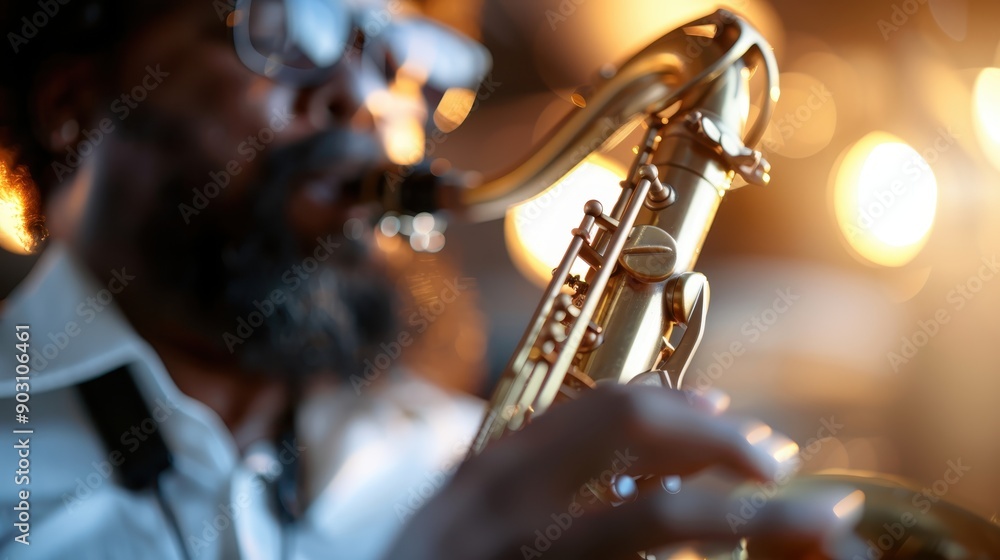 Fototapeta premium A saxophonist wearing a white shirt and black tie, playing a golden saxophone under stage lights, showcasing the elegance and intensity of musical performance in a live setting.