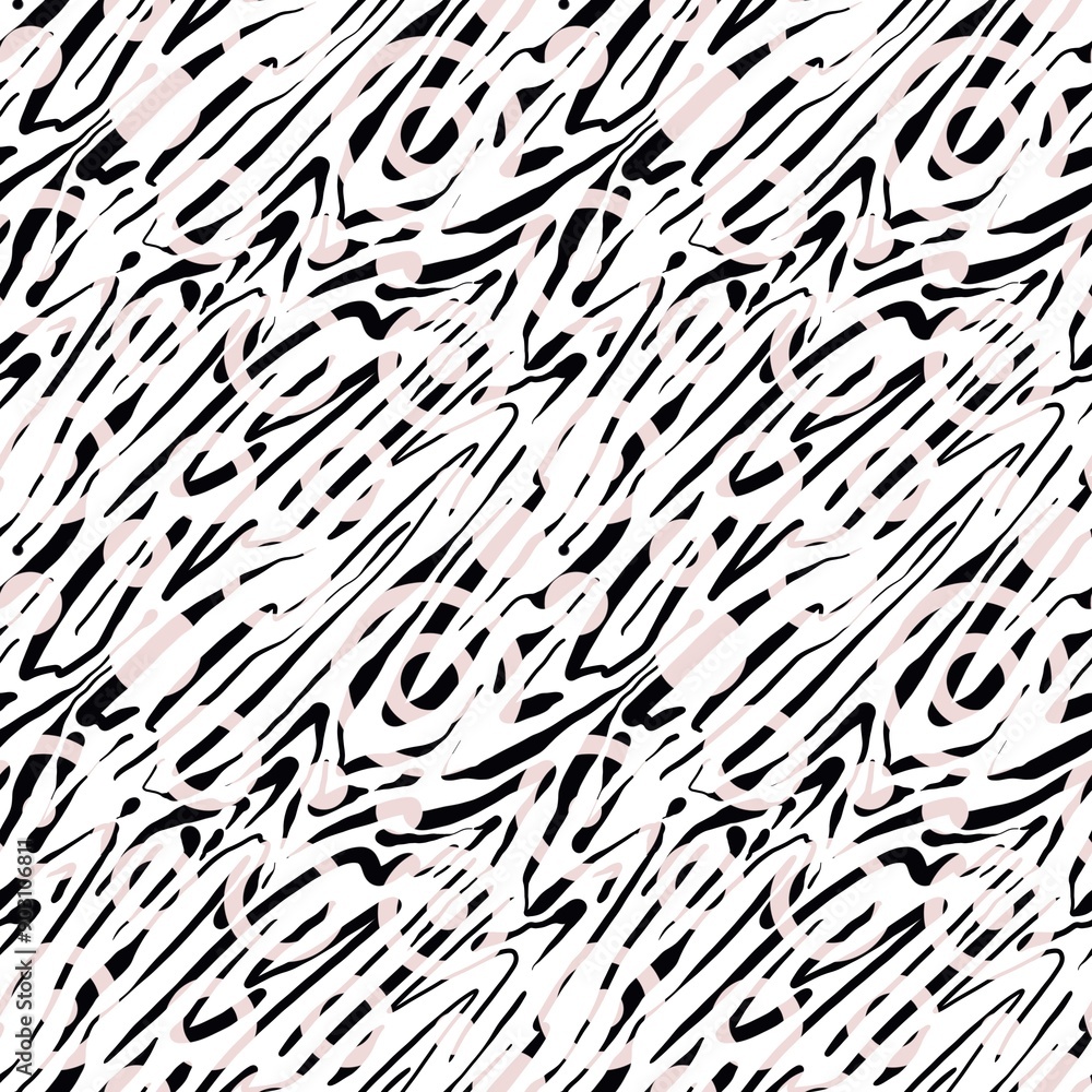 Seamless abstract textured pattern. Texture in black, pink, white. Digital brush strokes. Lines, circles. Illustration. Design for textile fabrics, wrapping paper, background, wallpaper, cover. Seamless abstract textured pattern. Texture in black, pink, white. Digital brush strokes. Lines, circles. Illustration. Design for textile fabrics, wrapping paper, background, wallpaper, cover.
