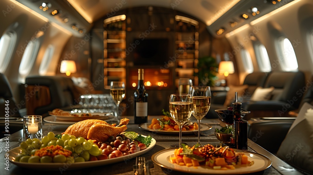 A serene scene inside a first-class airline suite, showcasing the comfort of a fully flatbed seat, personal entertainment options, and a fine dining setup with gourmet dishes and wine, all illuminated A serene scene inside a first-class airline suite, showcasing the comfort of a fully flatbed seat, personal entertainment options, and a fine dining setup with gourmet dishes and wine, all illuminated