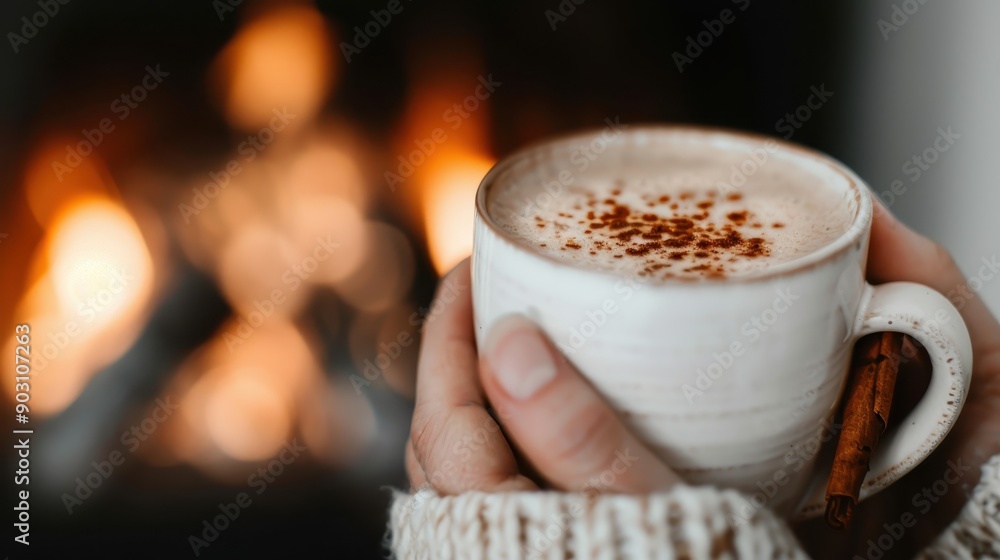 Cozy image of someone's hands holding a warm coffee cup with cinnamon, while sitting near a crackling fireplace, providing a sense of comfort and relaxation. Cozy image of someone's hands holding a warm coffee cup with cinnamon, while sitting near a crackling fireplace, providing a sense of comfort and relaxation.