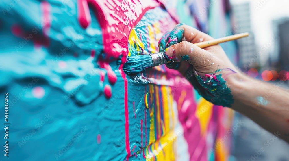 Obraz premium An artist's hand, covered in paint, adds layers of bright blue, pink, and yellow to an abstract mural on an outdoor wall, showcasing their vibrant and detailed artistic expression.