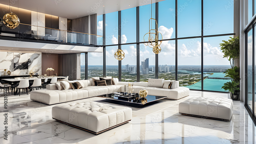 Fototapeta premium Modern loft living room area wide views of bay city. Beautiful minimalist white interior, luxury furniture, big windows, elegant decorations penthouse modern new home. Sunny sea view. AI generated