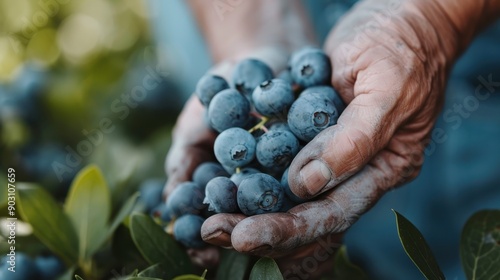 Hands are seen gripping a cluster of ripe, plump blueberries still attached to the bush, indicating the harvest season, fresh and ready for immediate consumption. photo