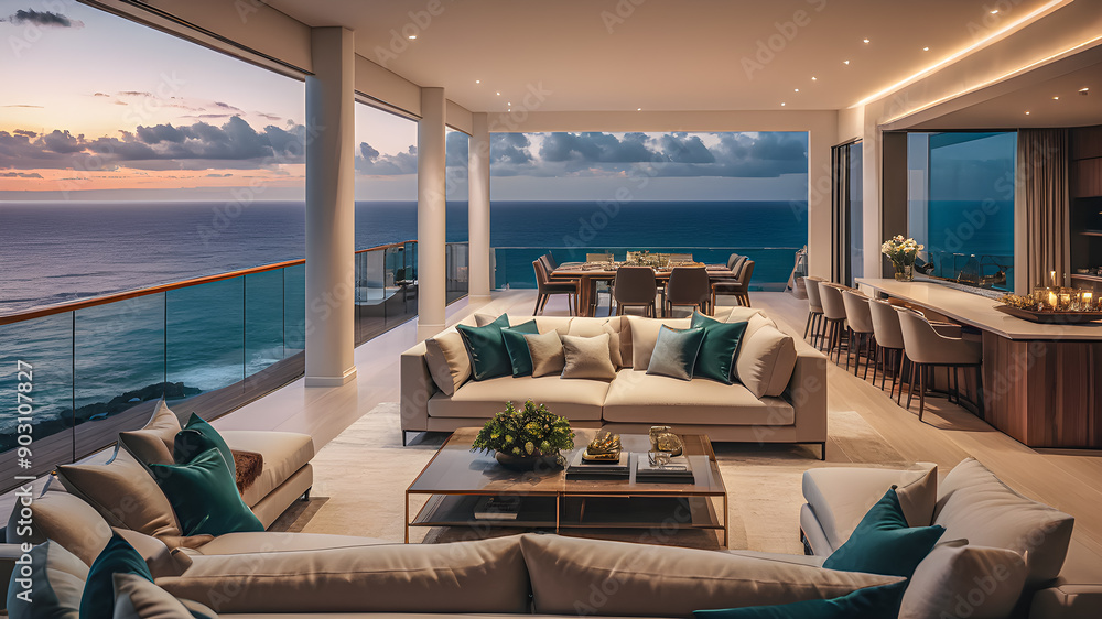 Fototapeta premium Modern loft living room area wide views of bay city. Beautiful minimalist white interior, luxury furniture, big windows, elegant decorations penthouse modern new home. Sunset sea view. AI generated