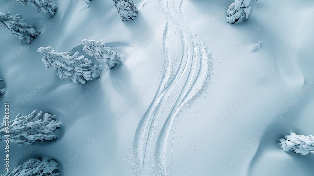 Naklejka premium An aerial view of a pristine snow-covered landscape featuring winding ski tracks and snow-covered trees. The untouched snow and clear tracks highlight the beauty of winter.