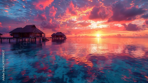 A stunning sunset view of overwater bungalows, with their silhouettes reflecting in the clear turquoise water, and the sky painted with shades of orange, pink, and purple, capturing the essence of a t