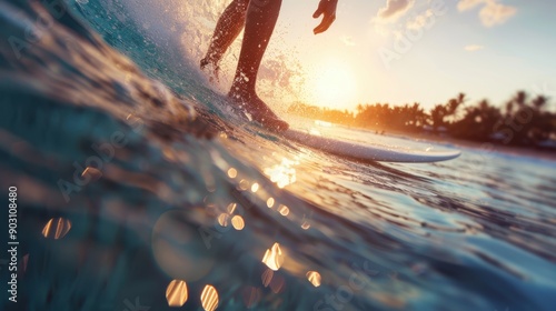 The feet of a surfer are seen mid-ride on a surfboard during a breathtaking sunset, capturing the essence of surfing, the thrill of the ride, and the stunning natural beauty of the ocean. photo