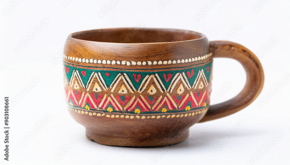 Handmade wooden cup painted in colorful ethnic style on white background. Natural material. Handmade wooden cup painted in colorful ethnic style on white background. Natural material.