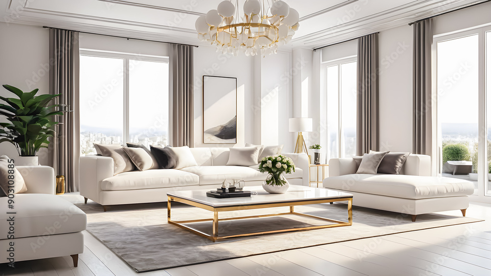 Beautiful living room interior with white marble floors and soft rug in ...