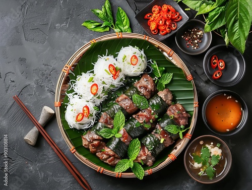 Bo La Lot. The most popular Vietnamese dishes. Grilled minced beef wrapped in betel leaves, usually served with rice noodles or rice paper and fresh herbs. photo