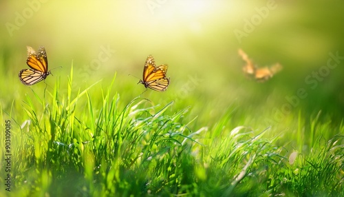 Natural green background of young juicy grass in sunlight with beautiful bokeh. Lush grass macro and two flying butterflies in nature outdoors, wide format with copy space. photo