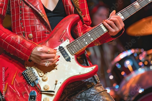 Woman Playing Electric Guitar on Stage in Stylish Red Jacket During Live Rock Concert
