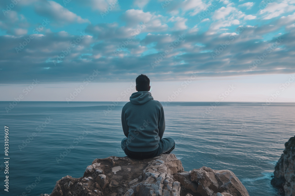A blogger recording a reflection on their journey to achieving success at a young age.A man peacefully seated on a boulder, gazing towards the ocean waves A blogger recording a reflection on their journey to achieving success at a young age.A man peacefully seated on a boulder, gazing towards the ocean waves