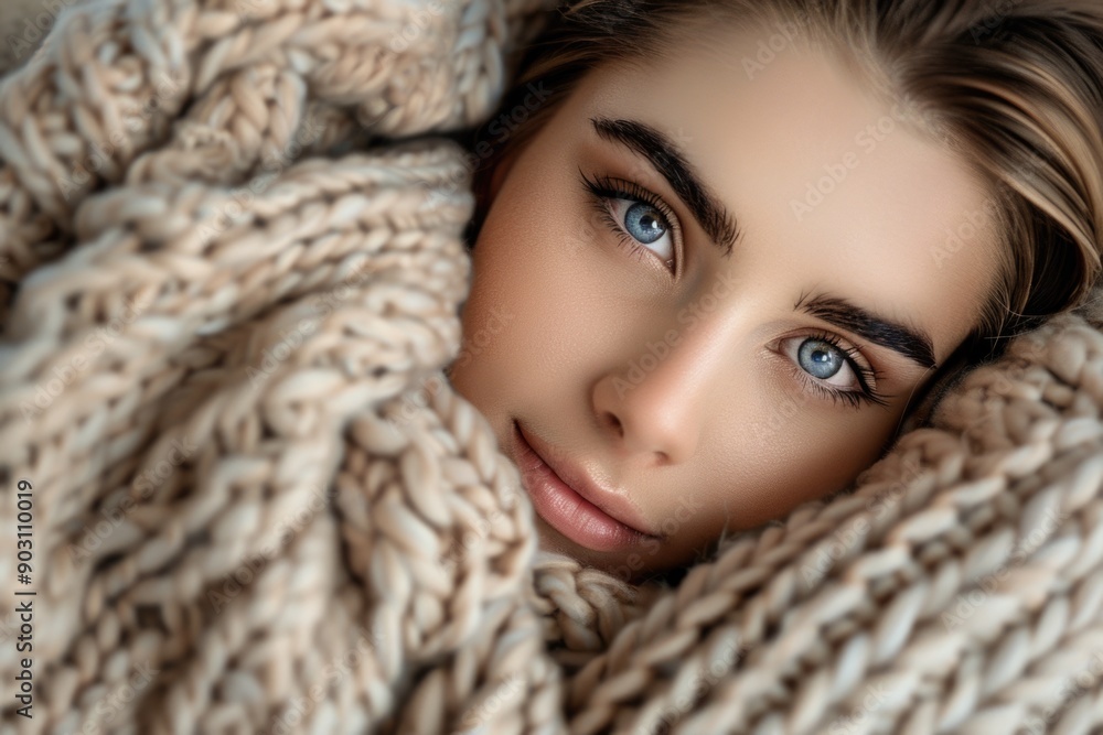 CloseUp Portrait of Woman with Blue Eyes Wrapped in Cozy Knit Blanket CloseUp Portrait of Woman with Blue Eyes Wrapped in Cozy Knit Blanket