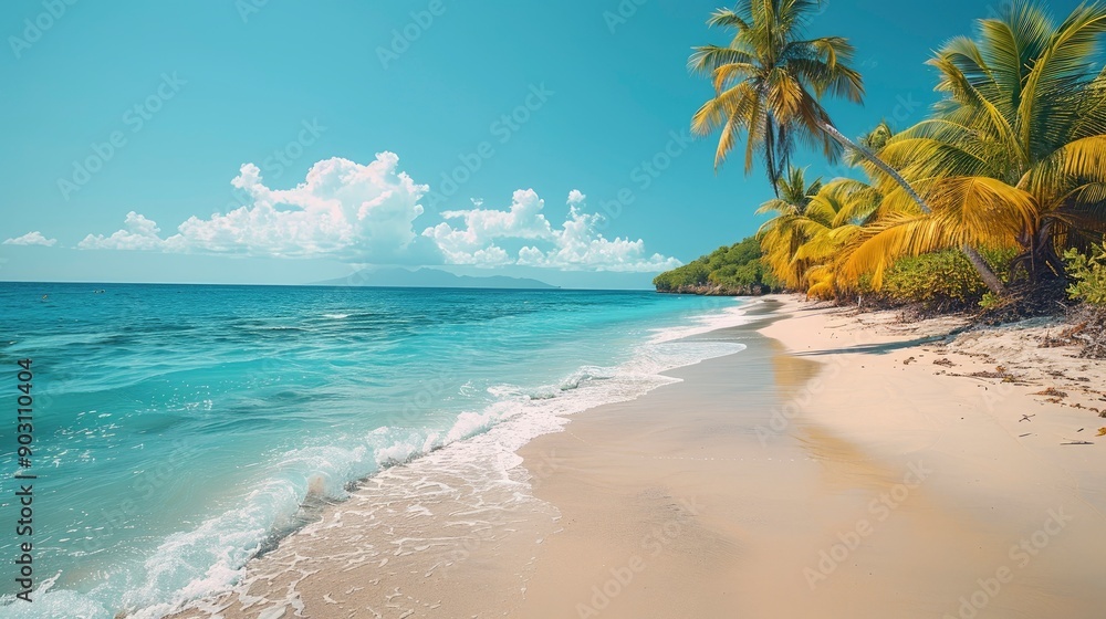 A vibrant tropical beach at noon, with white sand, turquoise water, and lush palm trees swaying in the breeze. A vibrant tropical beach at noon, with white sand, turquoise water, and lush palm trees swaying in the breeze.