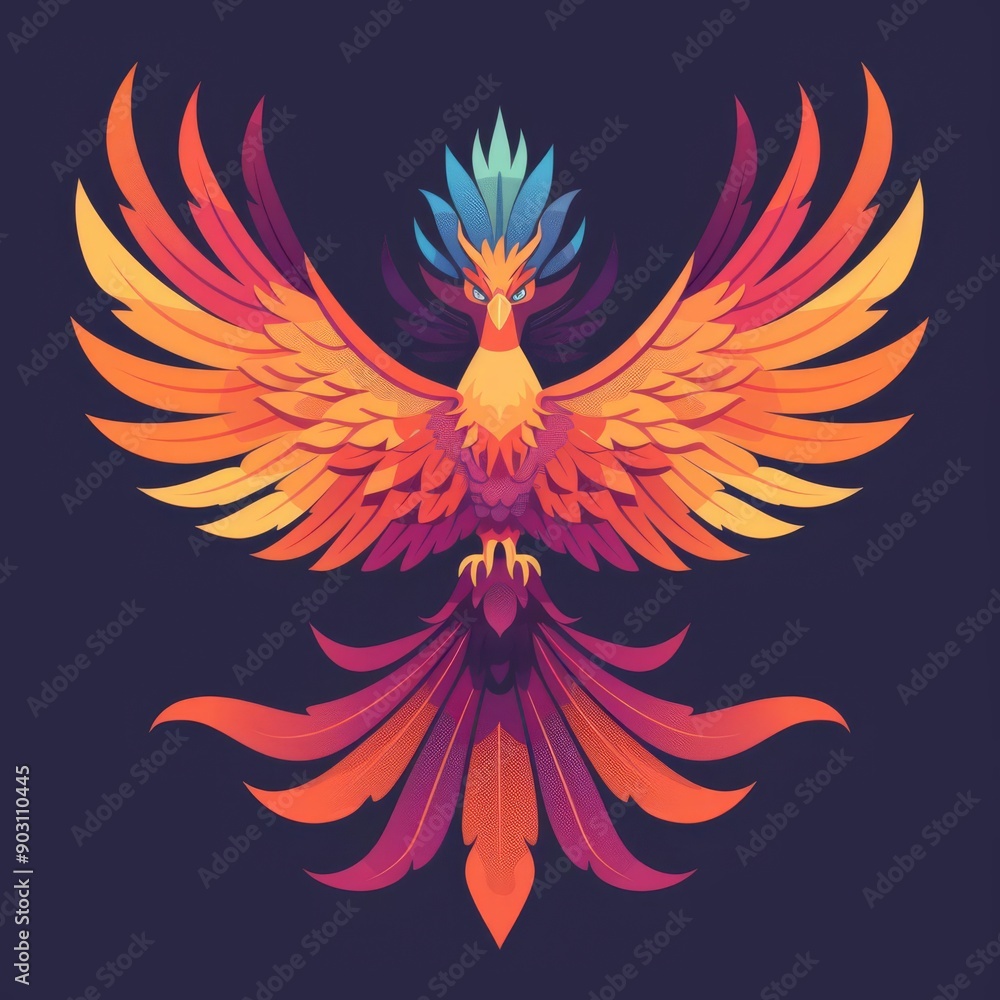 Fototapeta premium Phoenix in flight flat design front view legendary theme cartoon drawing Splitcomplementary color scheme