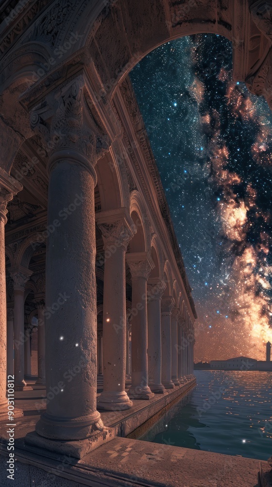 Obraz premium Ancient Colonnade with Starry Night Sky