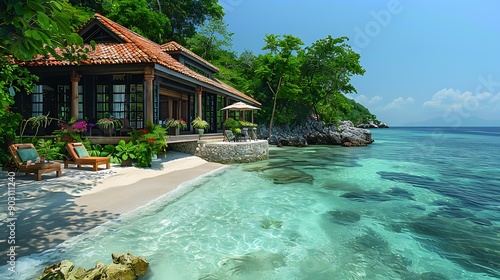 An enchanting view of a private island retreat, showcasing a secluded beach with soft white sand, verdant gardens with exotic flowers, and luxurious villas with personal butler service, capturing the 