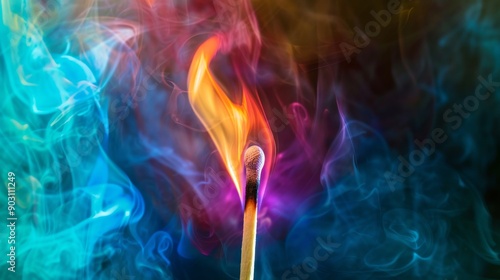 Close-up of a lit matchstick with colorful smoke, macro photography. Abstract and artistic concept