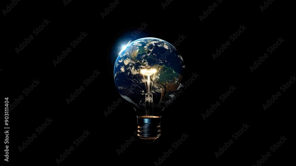 Earth inside a light bulb against a black background, environmental conservation concept Earth inside a light bulb against a black background, environmental conservation concept