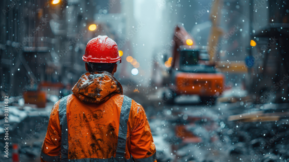Man in a winter coat standing in an urban environment during snowfall, embodying a contemplative mood and the beauty of winter. Man in a winter coat standing in an urban environment during snowfall, embodying a contemplative mood and the beauty of winter.