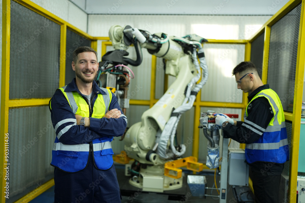 Engineer check and control welding robotics automatic arms machine in intelligent factory automotive industrial with monitoring system software. Digital manufacturing operation. Engineer check and control welding robotics automatic arms machine in intelligent factory automotive industrial with monitoring system software. Digital manufacturing operation.