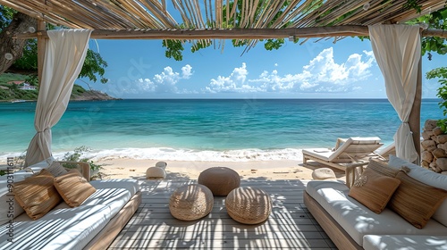 An exquisite beach cabana with luxurious decor, showcasing a plush daybed, elegant lounge furniture, and a butler serving gourmet appetizers, all set against the stunning backdrop of a turquoise ocean