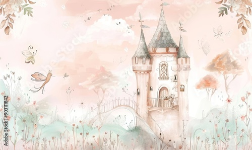 The princess in the tower in soft pink colours. llustration for wallpaper, mural, card, dpoter, interior decoration. Kids room, Generative AI