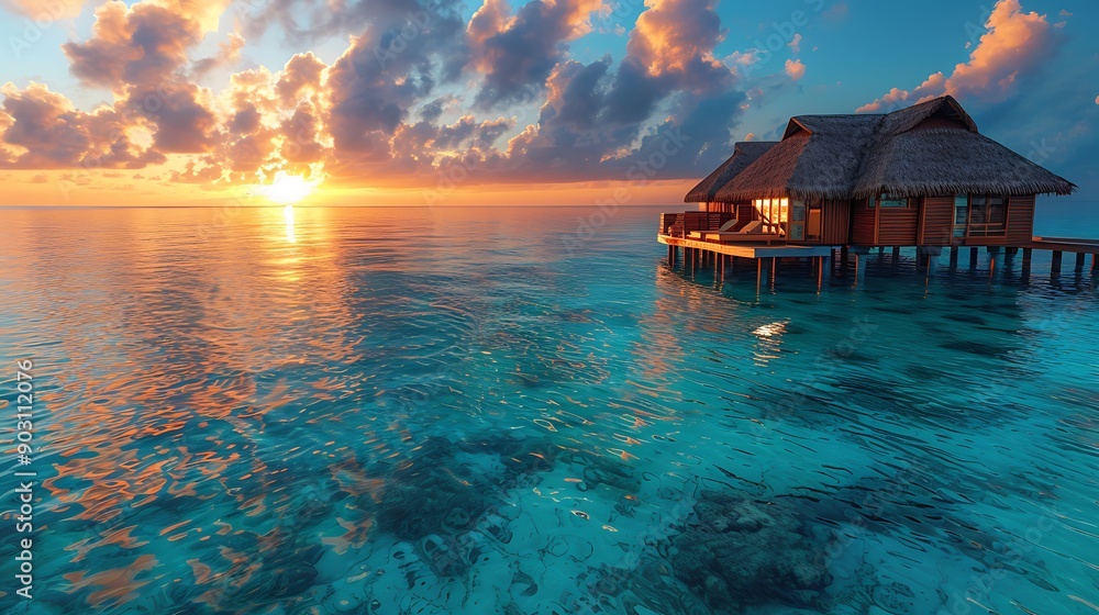 An idyllic scene of overwater bungalows with thatched roofs, surrounded by vibrant turquoise water, under a captivating sunset sky, with golden light reflecting off the water and creating a tranquil a An idyllic scene of overwater bungalows with thatched roofs, surrounded by vibrant turquoise water, under a captivating sunset sky, with golden light reflecting off the water and creating a tranquil a