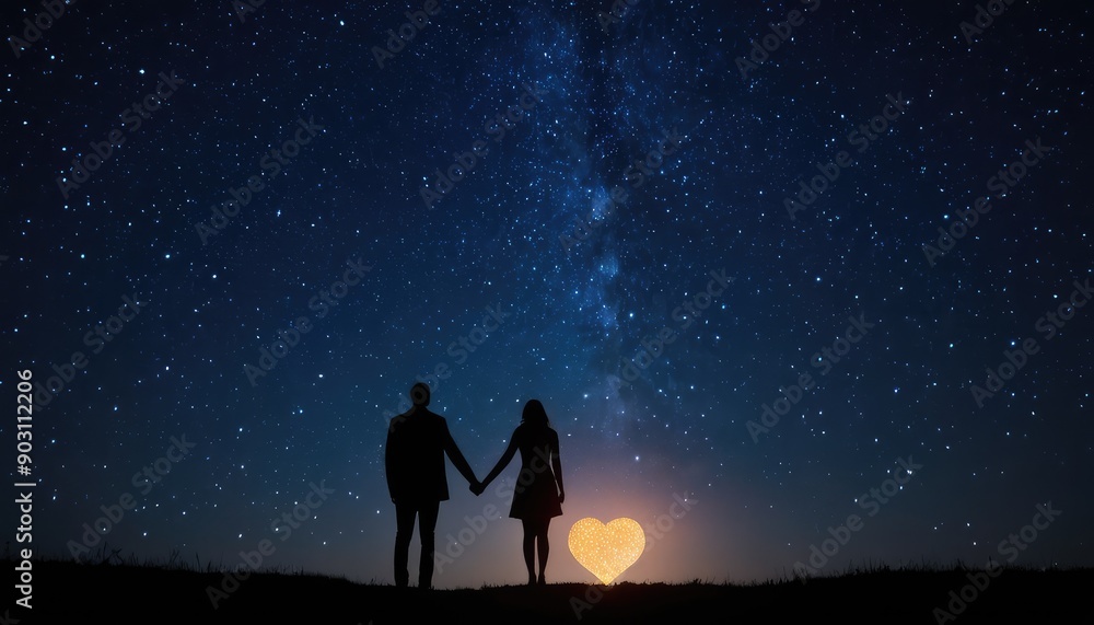Under a canopy of stars, a couple gazes at the night sky, framed by distant mountain peaks and illuminated by a soft, romantic glow Under a canopy of stars, a couple gazes at the night sky, framed by distant mountain peaks and illuminated by a soft, romantic glow