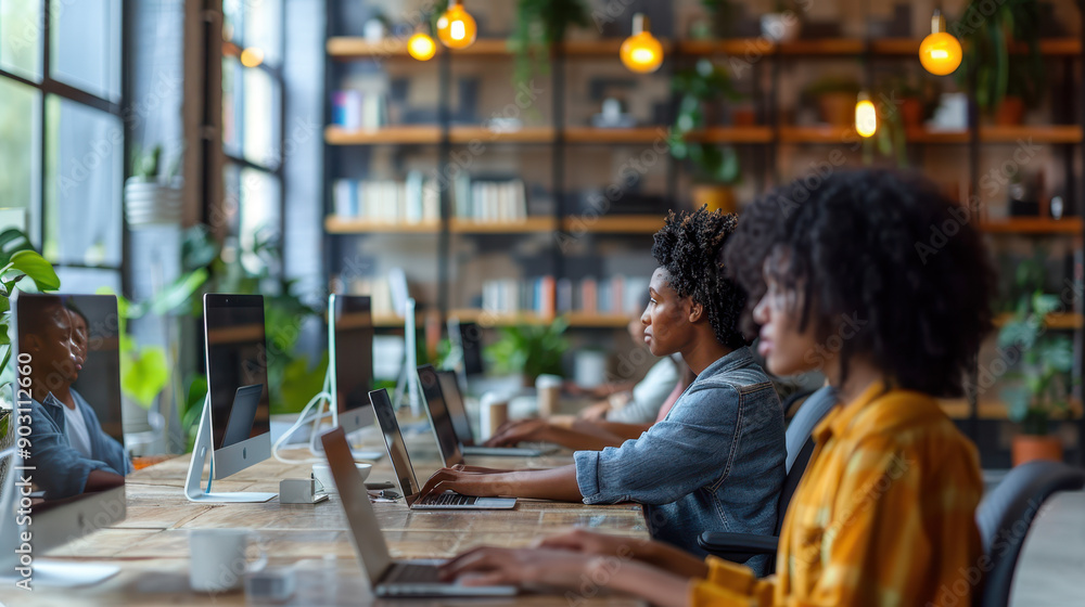 Diverse group of people working together in a modern office environment, showcasing collaboration and focus. Diverse group of people working together in a modern office environment, showcasing collaboration and focus.