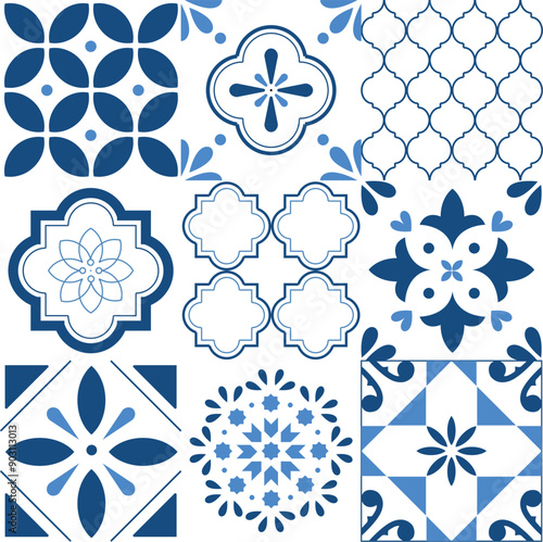 Moroccan Tile Designs Vector Illustration Blue Geometric Pattern