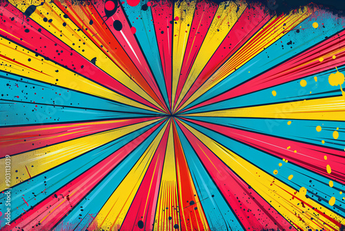 A vibrant pop art-inspired burst of radial lines in bright yellow, pink, blue, and black, converging towards the center, creating a dynamic and energetic visual effect with a modern comic book style