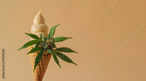 Ice cream cone with marijuana leaves on beige background, creative concept