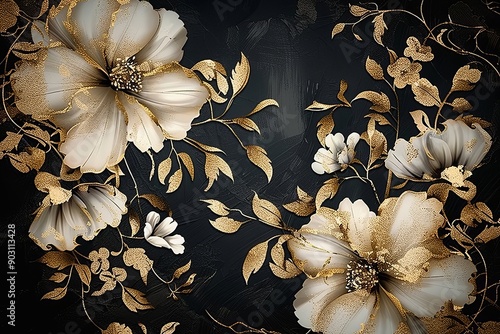 Elegant gold and black wallpaper mural with floral design for stylish interior decor. Generative AI photo