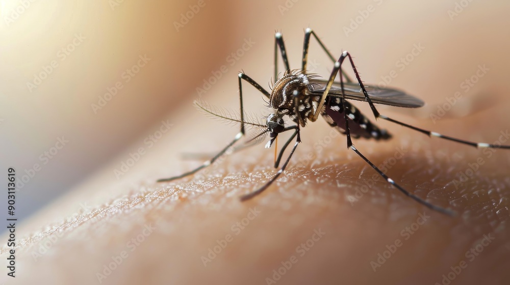 Mosquito biting human skin, close-up view. Disease vector and health risk concept