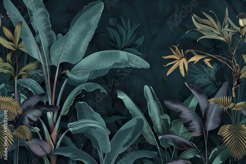 Tropical trees wallpaper design, banana trees and plants, dark background, pattern design, mural art, Generative AI