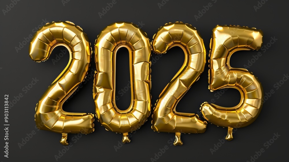 Gold balloon numbers 2025 on black background, happy new year concept Gold balloon numbers 2025 on black background, happy new year concept