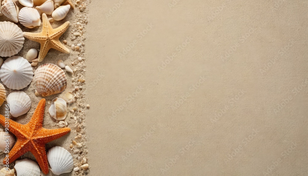Obraz premium Close-up of orange starfish and an array of seashells on soft sand, evoking the essence of a tranquil beach setting, with space for text