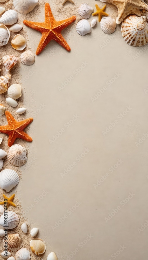 Obraz premium A collection of vibrant starfish and assorted seashells arranged artfully on sandy ground, perfect for a beach-themed backdrop, with space for text