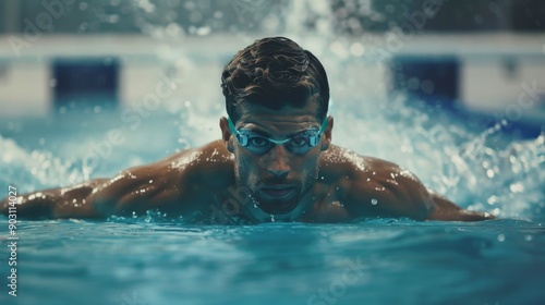 Male swimmer making a butterfly stroke in an indoor pool, athletic training and water sports concept