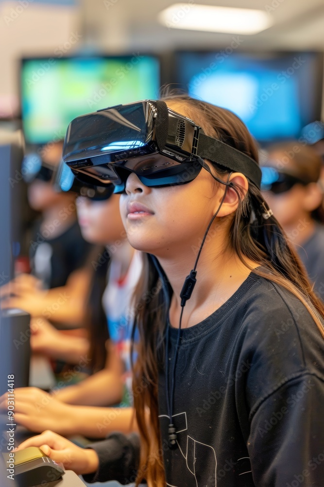 Middle School Students Using VR Goggles in Virtual Robotics Competition Classroom Technology Middle School Students Using VR Goggles in Virtual Robotics Competition Classroom Technology
